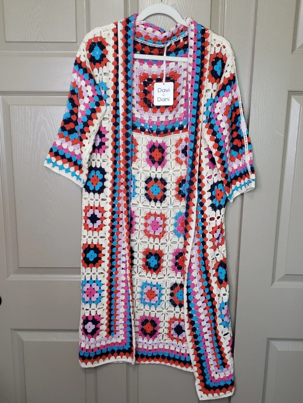 NWT DAVI & DANI Multicolor Granny Square  Boho Crochet Long Cardigan - Picture 4 of 6